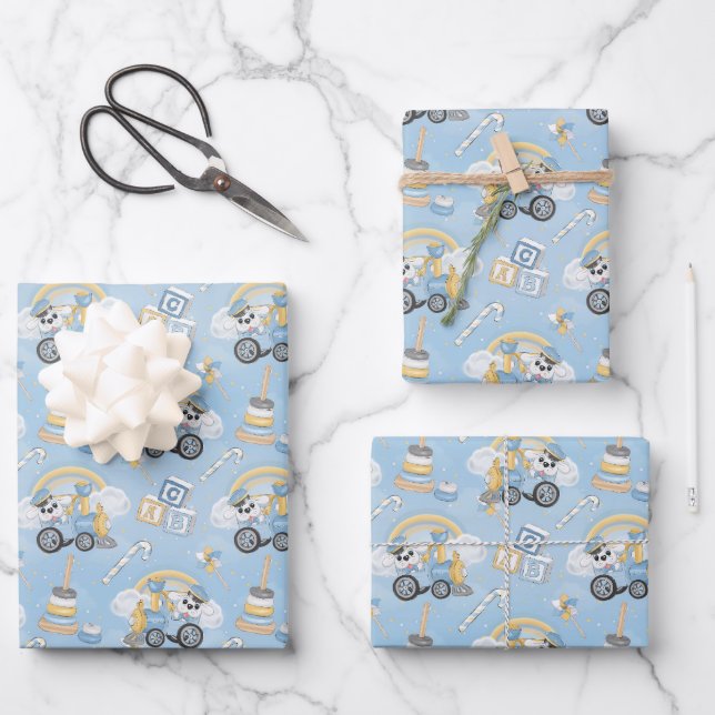 Feuille De Papier Cadeau Jouets bleu bébé chien mignon pour garçons (Recto)