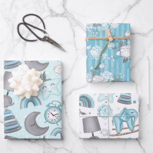 FEUILLE DE PAPIER CADEAU JOUETS DE BÉBÉ BLEUS ET GRIS PASTEL JOUETS FLEURS