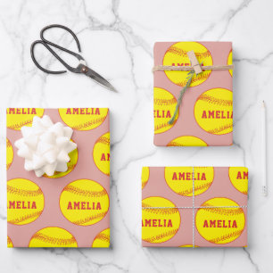 Feuille De Papier Cadeau Joueur de balle de softball Enfants Nom Anniversai