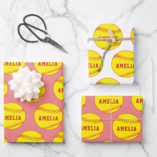 Feuille De Papier Cadeau Joueur de balle de softball Enfants Nom Anniversai