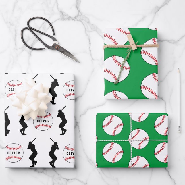 Feuille De Papier Cadeau Joueur de baseball Ball Nom Enfants Anniversaire (Recto)