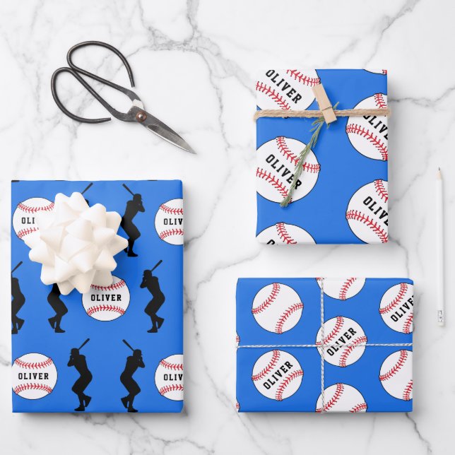 Feuille De Papier Cadeau Joueur de baseball Ball Nom Enfants Anniversaire (Recto)