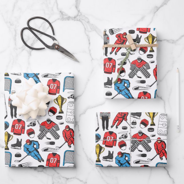Feuille De Papier Cadeau Joueurs d'arbitres de hockey Motif de patinoire (Recto)