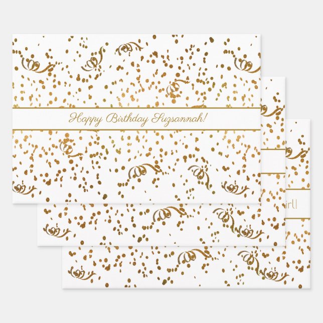Feuille De Papier Cadeau Jour d'anniversaire Gold Confetti Streamers Trois  (Lot)