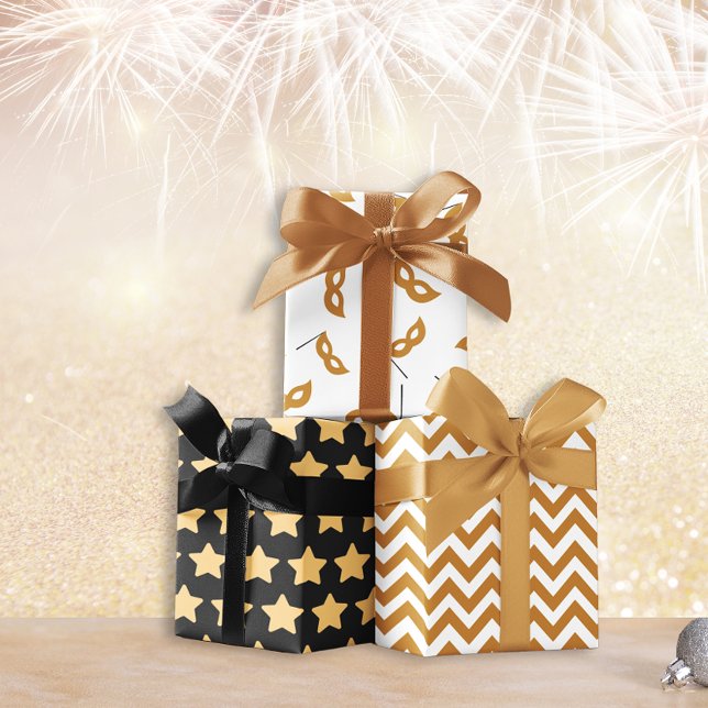 Feuille De Papier Cadeau Jour de l'An noir et or jeu de 3 (Black and gold New Year set of 3 Wrapping Paper Sheets)