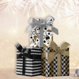 Feuille De Papier Cadeau Jour de l'an or, noir et argent set 3