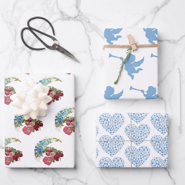 Feuille De Papier Cadeau Jour des Valentines Romantique Rose Cupide Coeurs  (Recto)