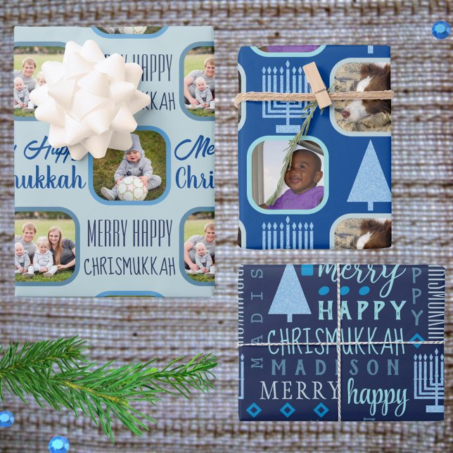 Feuille De Papier Cadeau Joy Blue Interconfessionnel Chrismukkah Assortimen (Personalize this fun Chrismukkah style holiday wrapping paper with your photos and child's name)