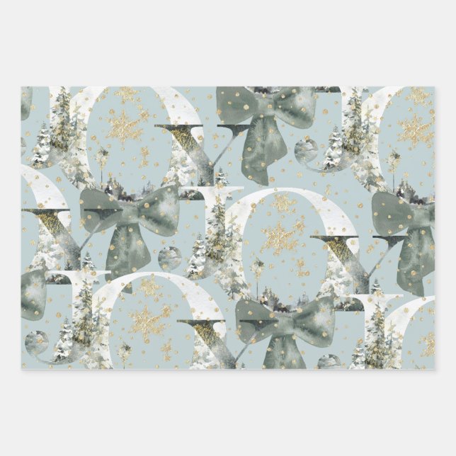 Feuille De Papier Cadeau Joy Winter Forest Police Green Bow Gold Snow (Devant)