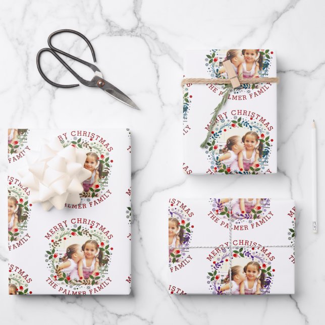 Feuille De Papier Cadeau Joyeuse couronne de Noël en rouge bleu violet phot (Recto)