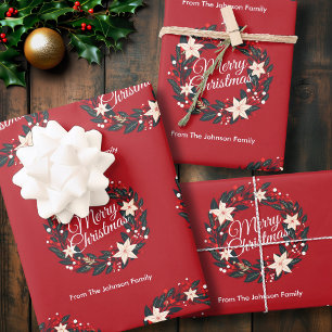 Feuille De Papier Cadeau Joyeuse couronne de Noël Rouge Poinsettia Nom de f