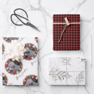 Feuille De Papier Cadeau Joyeuse couronne rouge de Noël payée avec photo