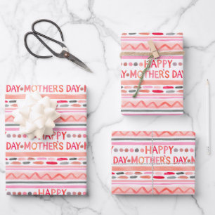 Feuille De Papier Cadeau Joyeuse Fête des Mères Rayures Aquarelle Rose