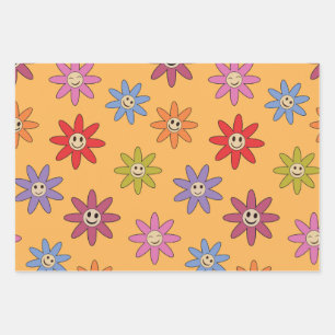 Feuille De Papier Cadeau Joyeuse fleurs colorées souriantes sur orange