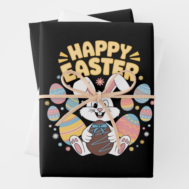 Feuille De Papier Cadeau Joyeuses Pâques 2025  Œufs Lapin Mignon (En situation)