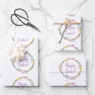 Feuille De Papier Cadeau Joyeuses Pâques Couronne de Saule avec Œufs Pastel