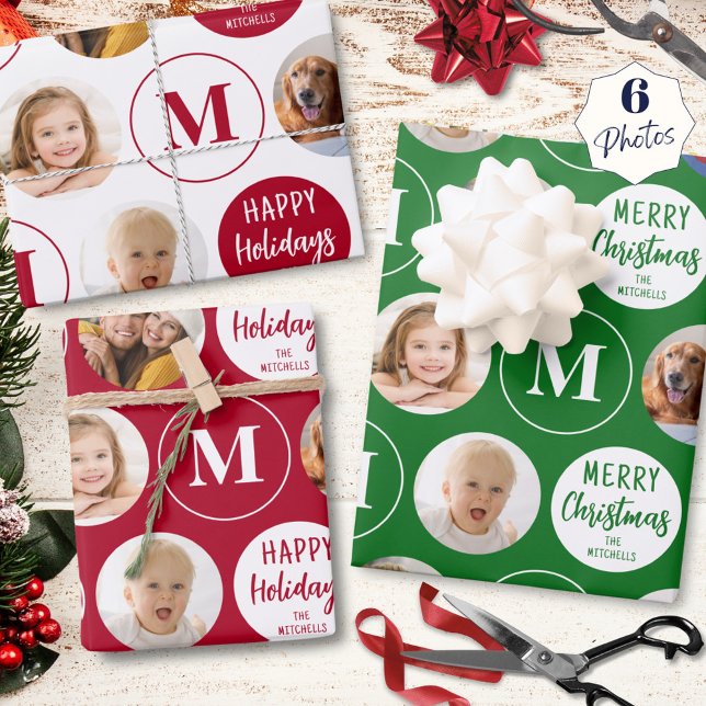 Feuille De Papier Cadeau Joyeuses vacances 6 Photos Monogramme Rouge Vert B (Créateur téléchargé)