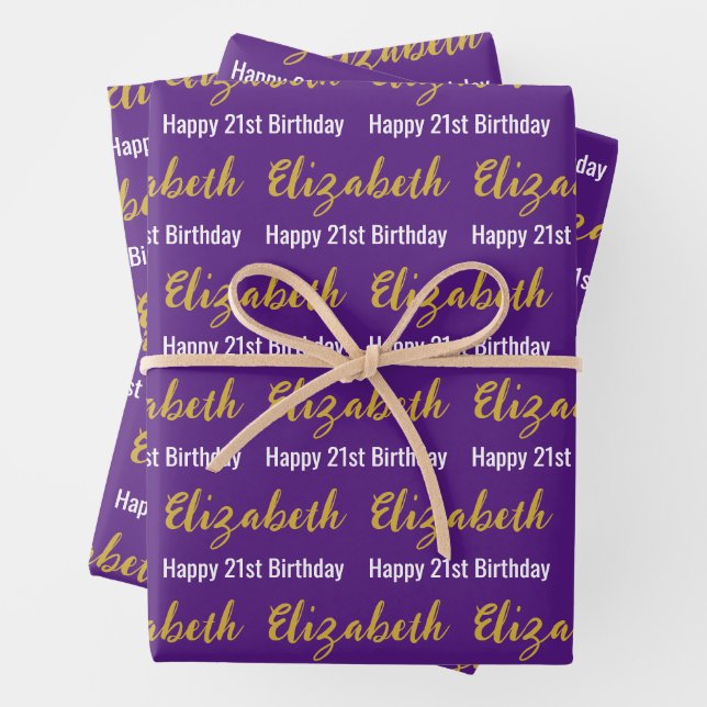Feuille De Papier Cadeau Joyeux 21e anniversaire Gold Script Nom Purple Bla (En situation)