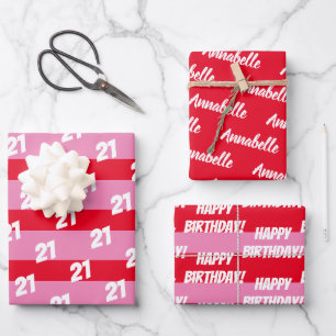 Feuille De Papier Cadeau Joyeux 21e Anniversaire Rose Rouge Ajouter Nom Mot