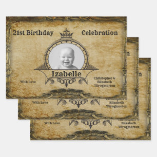 Feuille De Papier Cadeau Joyeux 21e anniversaire Vintage Photo Monogram Gol