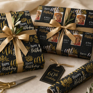 Feuille De Papier Cadeau Joyeux 60e Anniversaire Photo de Feuillage Noir Or