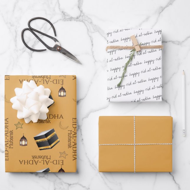 Feuille De Papier Cadeau Joyeux Aïd el-Adha Moubarak Kids Yellow Kabah Cita (Recto)