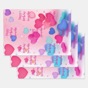 Feuille De Papier Cadeau Joyeux Anniversaire Adorable Rose Féminin Coeurs