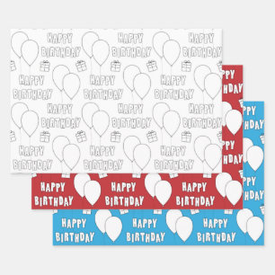 Feuille De Papier Cadeau Joyeux Anniversaire Avec Ballons  Bleu rouge blanc