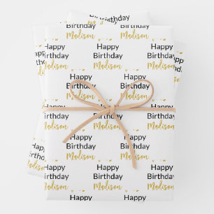 Feuille De Papier Cadeau Joyeux Anniversaire Blanc Noir et Or Nom du script