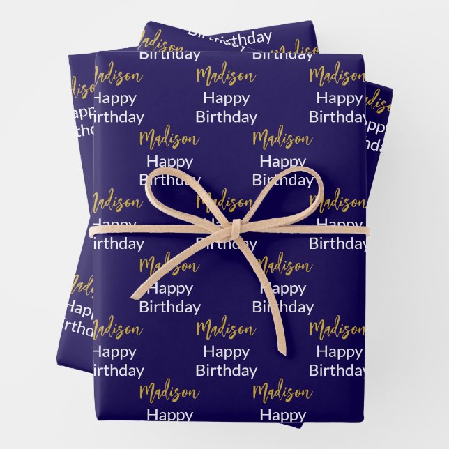 Feuille De Papier Cadeau Joyeux anniversaire Dark Blue Gold Nom du script (En situation)