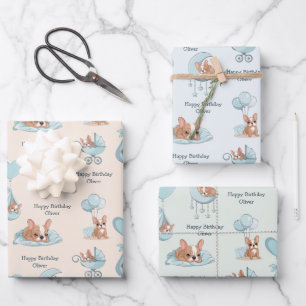 Feuille De Papier Cadeau Joyeux Anniversaire Garçon Mignon Bébé Bouledogue 