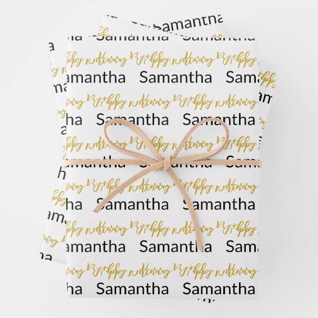 Feuille De Papier Cadeau Joyeux Anniversaire Gold Script Blanc Noir Nom (En situation)