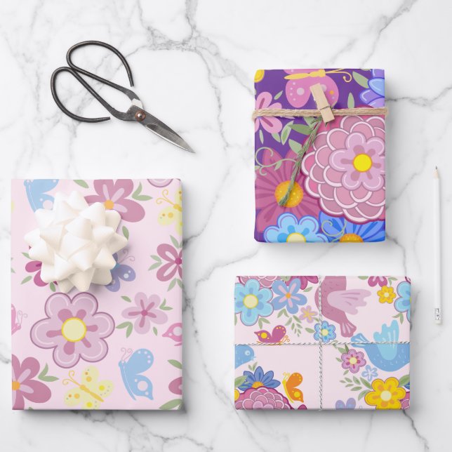Feuille De Papier Cadeau Joyeux Anniversaire Jardin de Fleurs Sauvages Moti (Recto)
