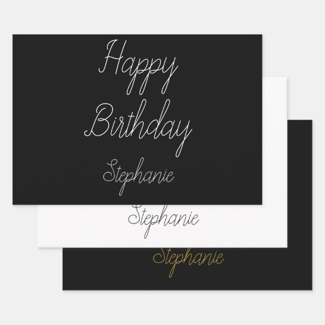 Feuille De Papier Cadeau Joyeux Anniversaire Monogramme Nom Black White Gol (Lot)