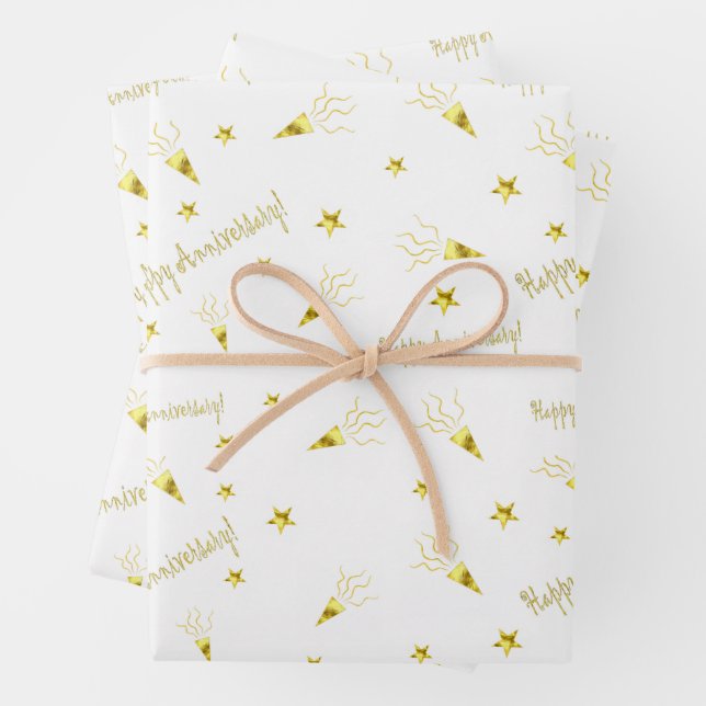Feuille De Papier Cadeau Joyeux anniversaire motif or stars ppoppers (En situation)