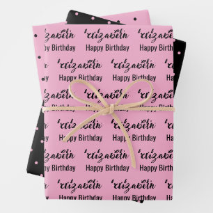 Feuille De Papier Cadeau Joyeux Anniversaire Nom Noir Lumière Rose Pois