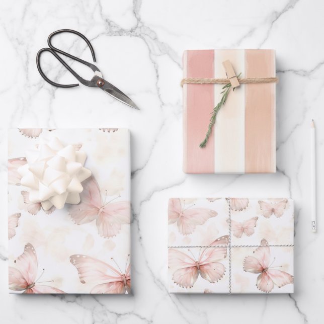 Feuille De Papier Cadeau Joyeux Anniversaire Papillons Roses Jolies (Recto)