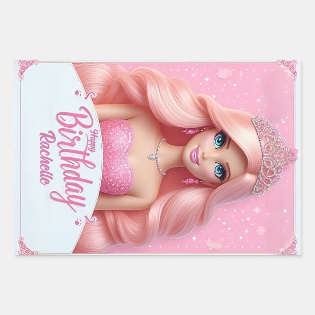 Feuille De Papier Cadeau Joyeux Anniversaire Princesse Rose Personnalisé (Devant)