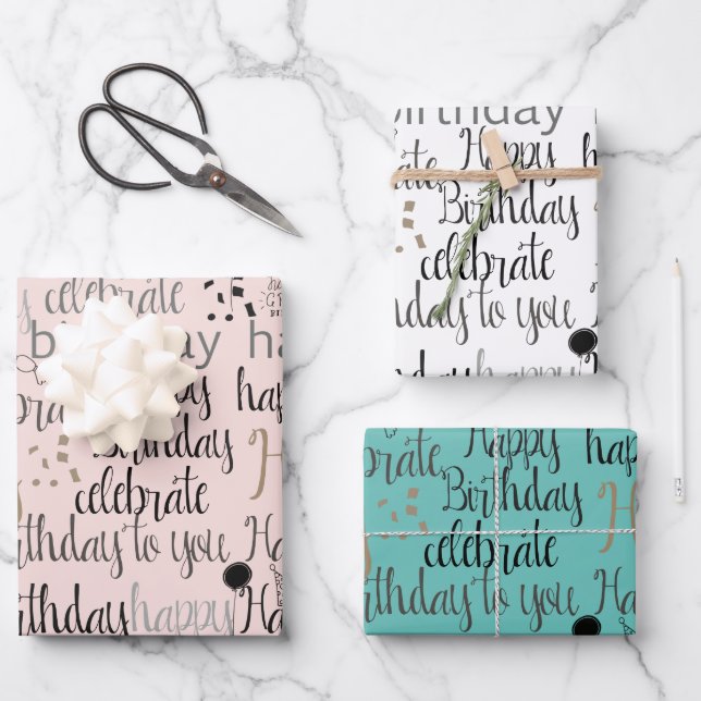 Feuille De Papier Cadeau Joyeux anniversaire rose pâle (Recto)