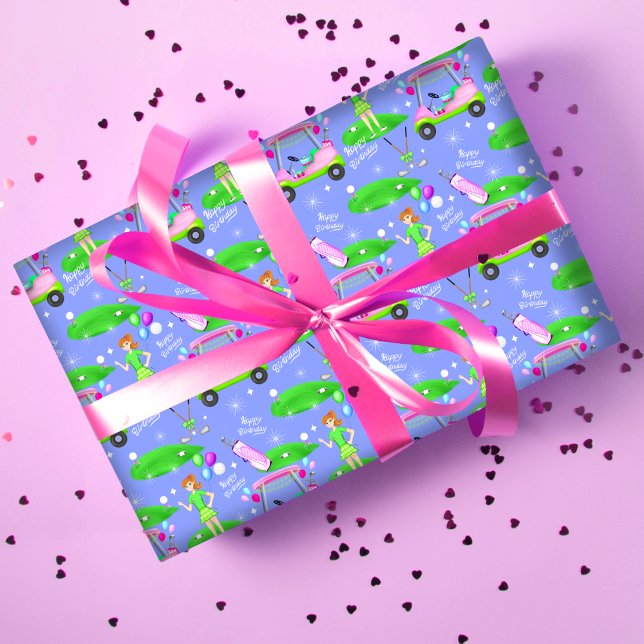 Feuille De Papier Cadeau Joyeux Anniversaire Thème Lady Golf  (Créateur téléchargé)