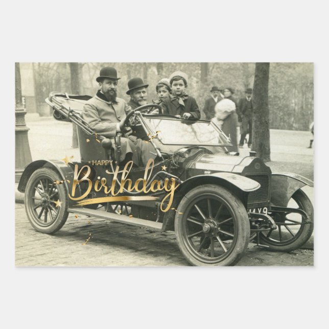 Feuille De Papier Cadeau Joyeux anniversaire Vintage vieille voiture et les (Devant)