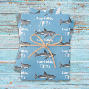 Feuille De Papier Cadeau Joyeux Anniversaire Whimsical Blue Ocean Sharks Am
