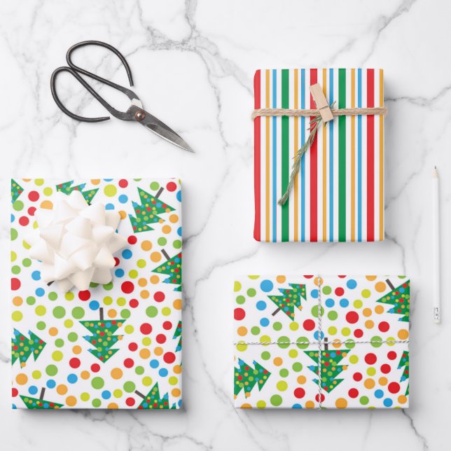 Feuille De Papier Cadeau Joyeux arbres de Noël, Pois et rayures (Recto)