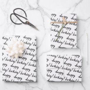 Feuille De Papier Cadeau JOYEUX BIRTHDAY Handlettering Motif noir blanc