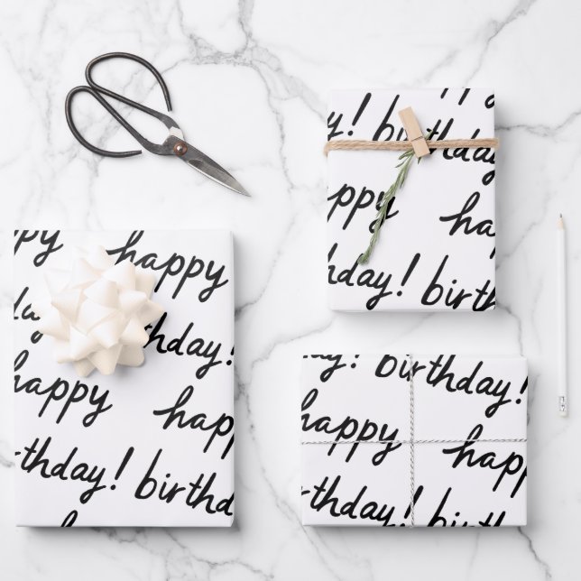 Feuille De Papier Cadeau JOYEUX BIRTHDAY Handlettering Motif noir blanc (Recto)