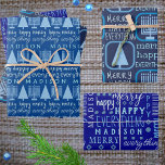 Feuille De Papier Cadeau Joyeux bleu interconfessionnel Tout ajouter Nom en<br><div class="desc">Ajoutez cet assortiment de feuilles d'emballage cadeau MERRY HAPPY TOUT personnalisé avec le nom de votre enfant et un thème de conception typographique de fontes mélangées bleu clair et de Menorahs bleu pastel et des arbres de Noël à celui d'une célébration personnalisée Hanoukka, Noël ou interconfessionnelle Chrismukkah. Papier à envelopper...</div>