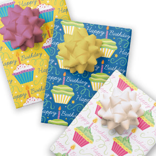 Feuille De Papier Cadeau Joyeux Cupcakes colorés d'anniversaire
