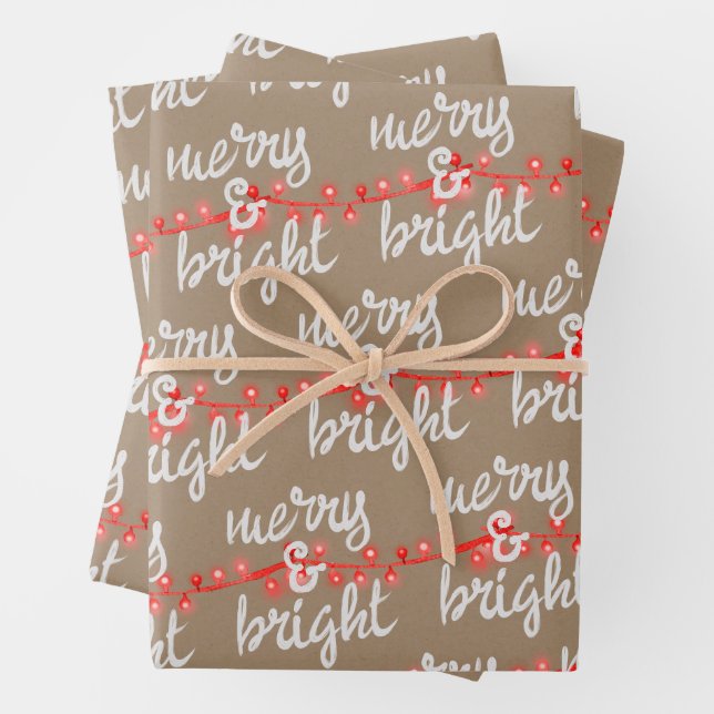 Feuille De Papier Cadeau Joyeux et brillant rouge Noël Lumières Kraft (En situation)