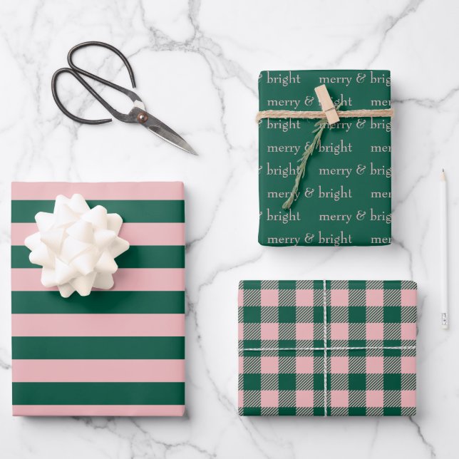 Feuille De Papier Cadeau Joyeux et lumineux Noël vert rose (Recto)