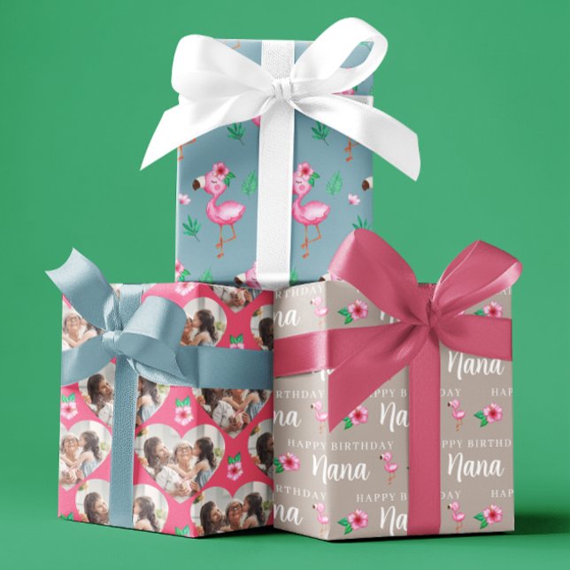 Feuille De Papier Cadeau Joyeux Flamant rose d'anniversaire Envelopper des  (Celebrate Nana with these personalized photo flamingo wrapping paper sheets! )
